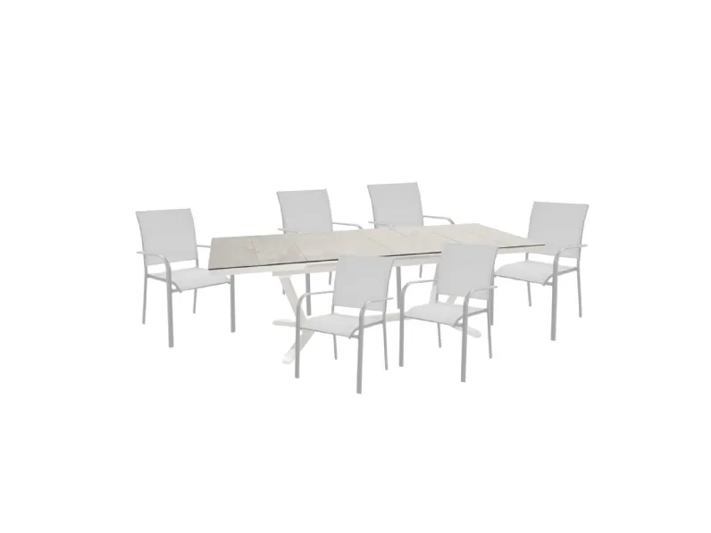 Tavolo da giardino Proloisirs, 180/240 cm, bianco, kedra marmo bianco, 6 poltroncine Elegance. Prezzi Outlet!