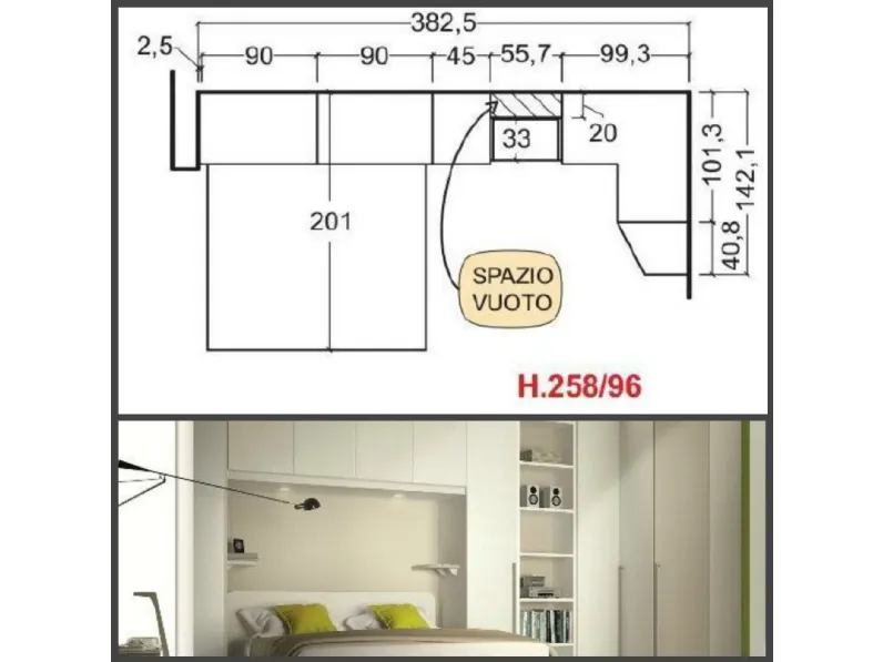 Architetto progetta camera da letto a ponte. Mobili in laminato a prezzo scontato.