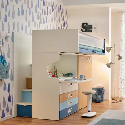 CAMERETTA Collezione esclusiva Letto a soppalco con armadio e scrivania, olmo, blu navy, cielo e bianco SCONTATA a PREZZI OUTLET