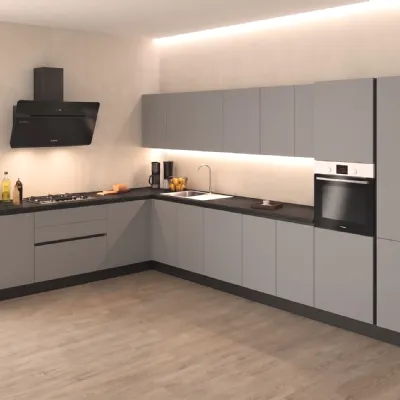 Cucina Febal design ad angolo grigia in laminato materico Modula promo canapa scadente 31 agosto
