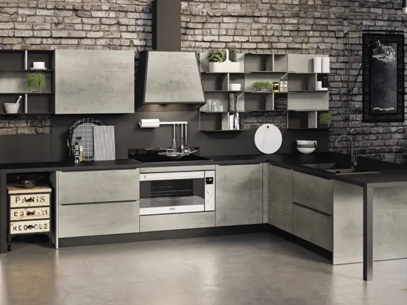 Cucina grigio moderna con penisola Cucina industrial cemento e metallo  Nuovi mondi cucine scontata