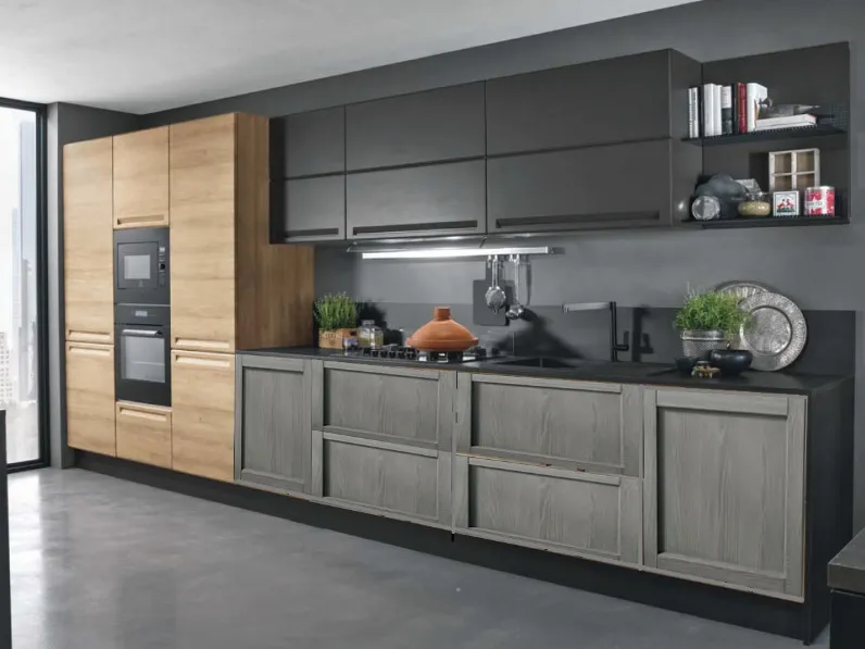 cucina lineare grigia e legno offerta outlet