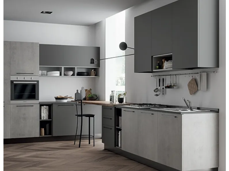 Cucina lineare in laminato opaco grigio Domino grafite e cementho a prezzo ribassato
