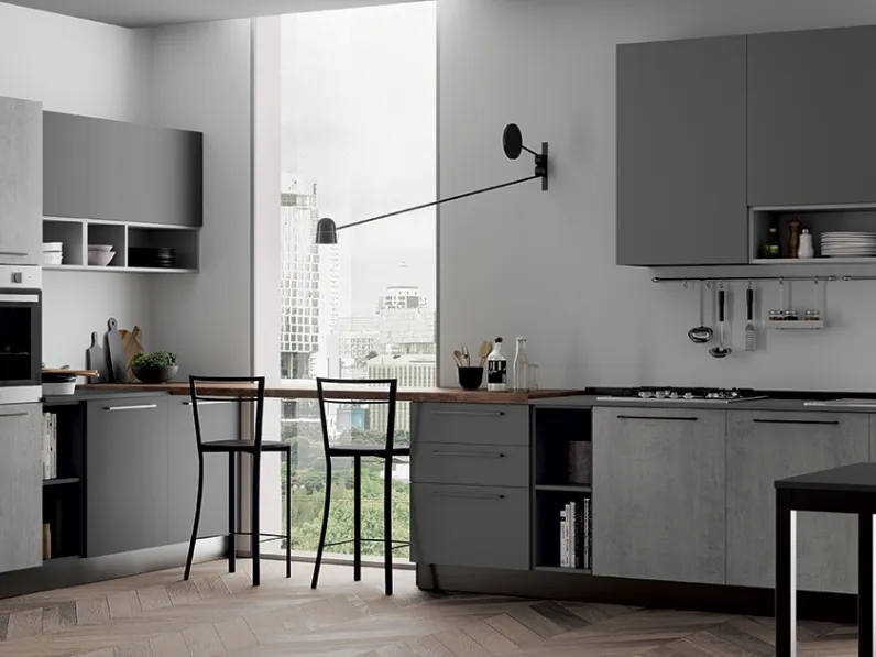 Cucina lineare in laminato opaco grigio Domino grafite e cementho a prezzo ribassato