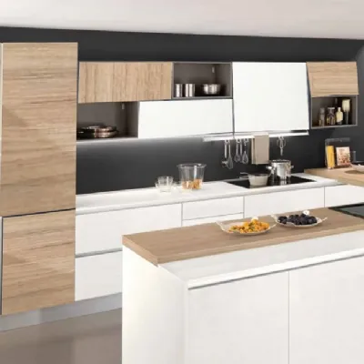 CUCINA Nuovi mondi cucine con penisola Cucina moderna gola con penisola e isola colore frassino  bianco e nature in offerta     SCONTATA