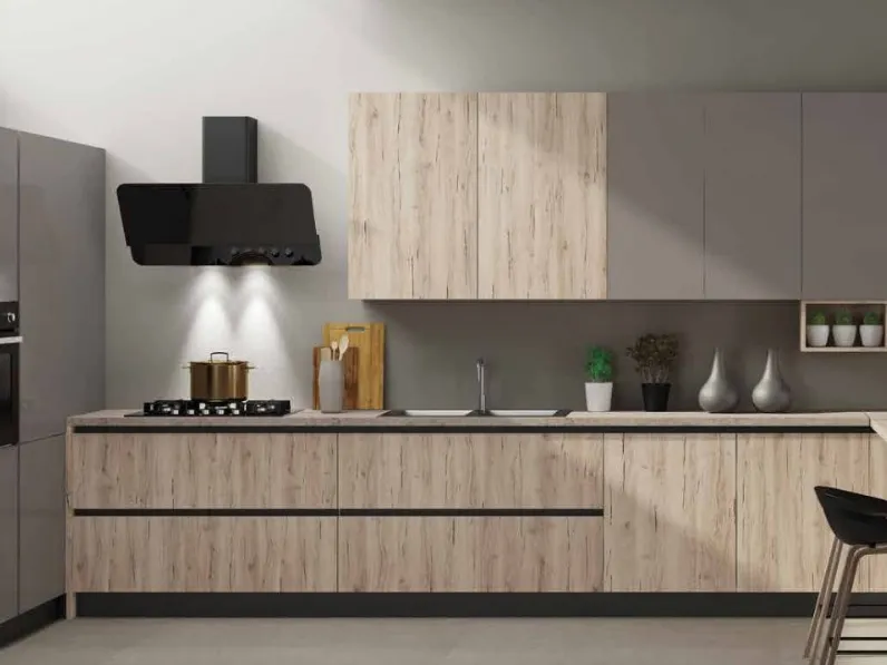 Cucina Nuovi mondi cucine moderna con penisola rovere chiaro in laminato materico Cucina natural zen con colonna e paino penisola 