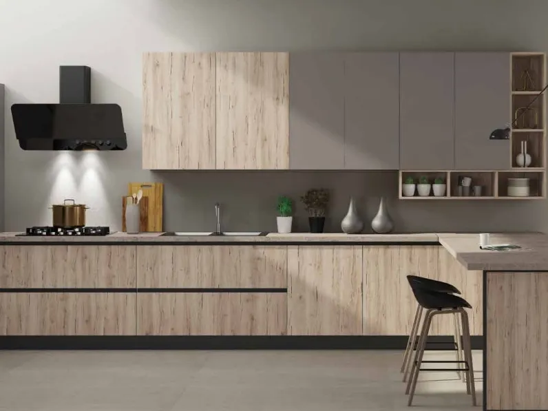 Cucina Nuovi mondi cucine moderna con penisola rovere chiaro in laminato materico Cucina natural zen con colonna e paino penisola 