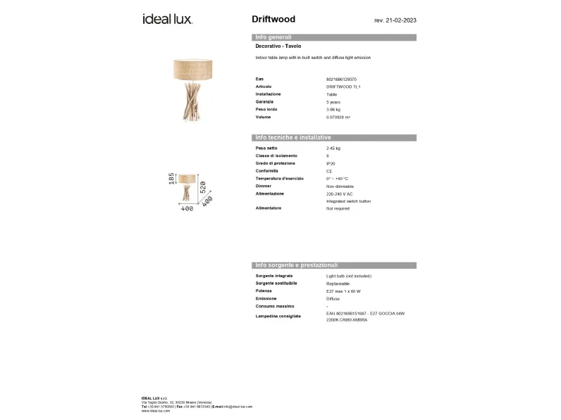 Lampada Ideal lux Driftwood tl1 a PREZZI OUTLET