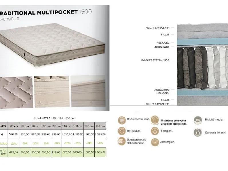 Materasso matrimoniale Altrenotti Traditional pocket 1500 a prezzi outlet