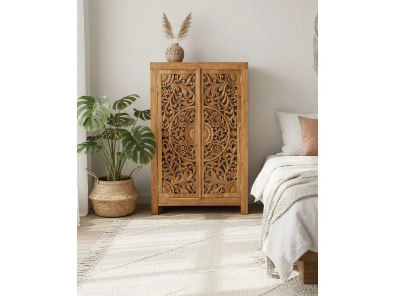 Armadio ante battenti in legno Armadio dispensa intagliato teak 165 di Outlet etnico