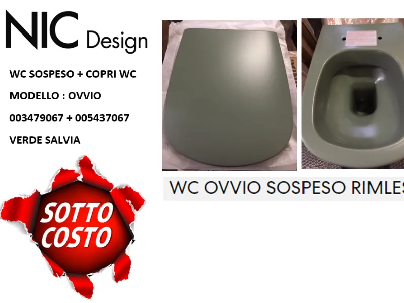 Arredamento bagno: mobile Artigianale Nic design ovvio wc sospeso 003479067 + sedile verde 005437067 salvia opaco nuovo e imballato con forte sconto