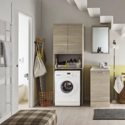 Composizione bagno 1 Arbi linea ho.me laundry.  La composizione  composta da una colonna porta lavatrice, una specchiera box e una combo. 
