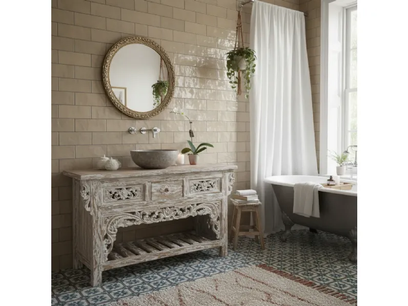 Mobile per la sala da bagno Outlet etnico Consolle bagno teak decapata 120 in Offerta Outlet