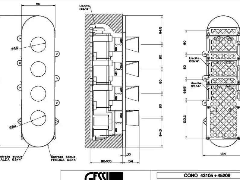 Mobile per la sala da bagno Gessi Cono gruppo doccia 3 vie termostatico parte esterna 45206 031 + parte incasso 43105 a prezzo scontato