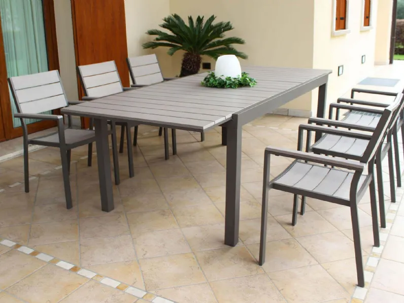Set tavolo all. 180/240 + 6 sedie alluminio taupe Outlet etnico