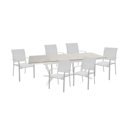 Tavolo da giardino Proloisirs, 180/240 cm, bianco, kedra marmo bianco, 6 poltroncine Elegance. Prezzi Outlet!