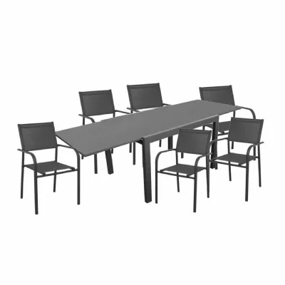 Arredo Giardino Tavolo elise 200/300 cm antracite piano grigio con 6 poltroncine duca Proloisirs OFFERTA OUTLET
