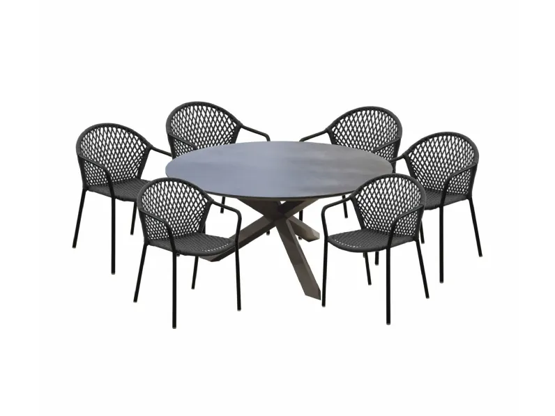 Tavolo ferrone antracite rotondo 150 cm, piano in kedra con 6 poltroncine capri Proloisirs: Arredo Giardino in offerta