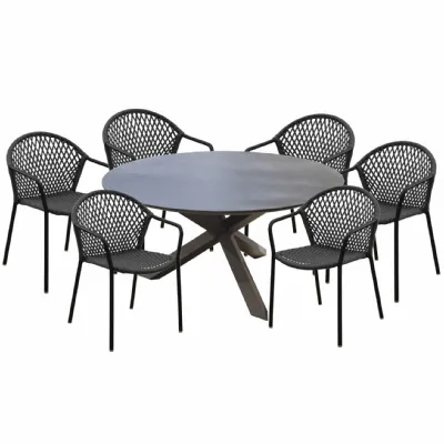 Tavolo ferrone antracite rotondo 150 cm, piano in kedra con 6 poltroncine capri Proloisirs: Arredo Giardino in offerta