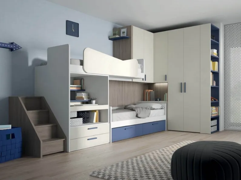 Cameretta Mistral in laminato materico scontata del 30%. Letto-soppalco ad angolo, prezzo imbattibile!