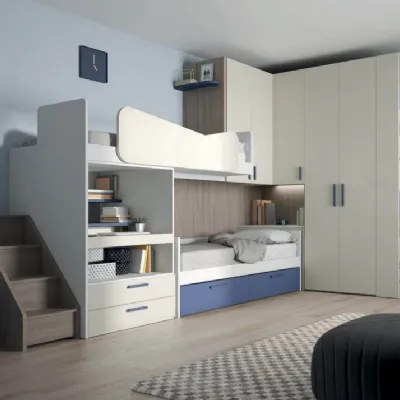 Cameretta Mistral in laminato materico scontata del 30%. Letto-soppalco ad angolo, prezzo imbattibile!