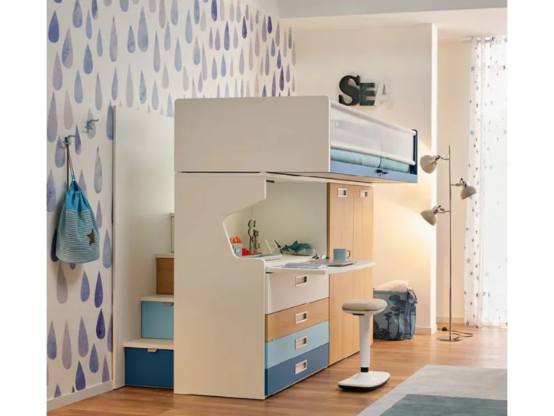 CAMERETTA Collezione esclusiva Letto a soppalco con armadio e scrivania, olmo, blu navy, cielo e bianco SCONTATA a PREZZI OUTLET