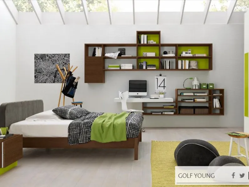 Cameretta Colombini modello Y516 linea Golf. Cameretta comprensiva di: panchetta, letto, armadio, libreria, scrivania, sedia e comodino.