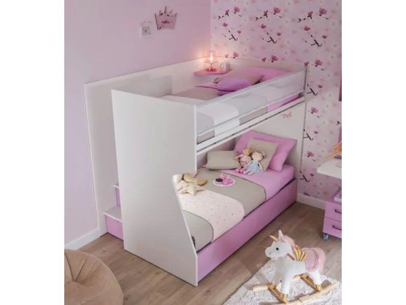 Cameretta Letto a castello con passerella contenitiva, finitura bianco frassino e lilla Collezione esclusiva in OFFERTA OUTLET