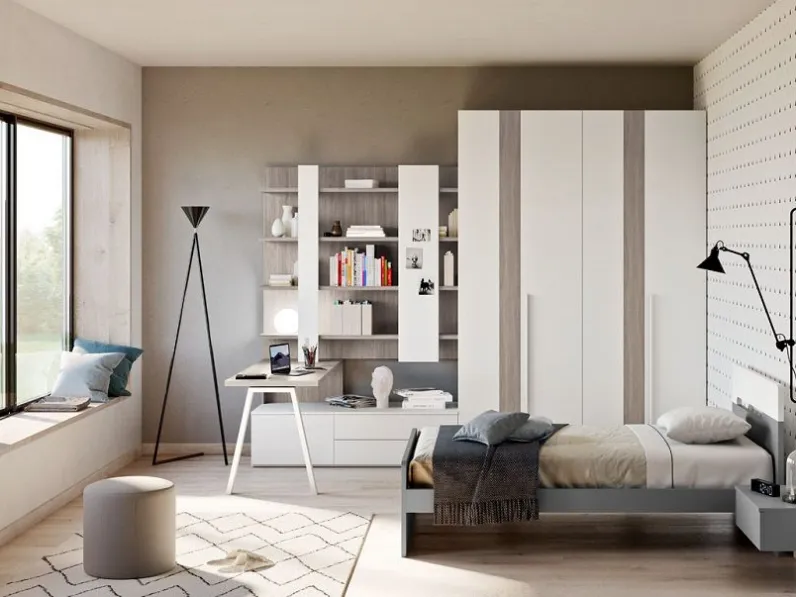 Cameretta Evo componibile, armadio bicolore Mistral in promozione con sconto del 50%. Letto a terra a prezzo scontato.