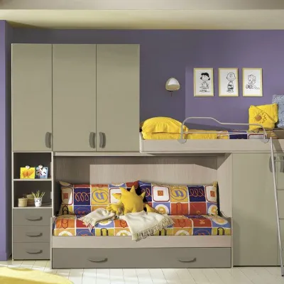 Cameretta Soppalco sfalsato con divano letto 05 Artigianale in laccato opaco a prezzo scontato