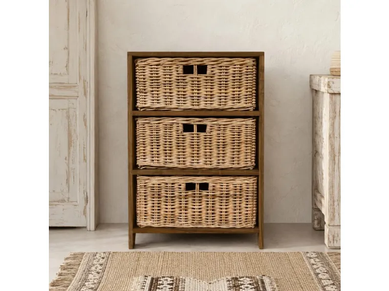 Cassettiera modello Cassettiera etnica teak rattan in Legno Outlet etnico scontata