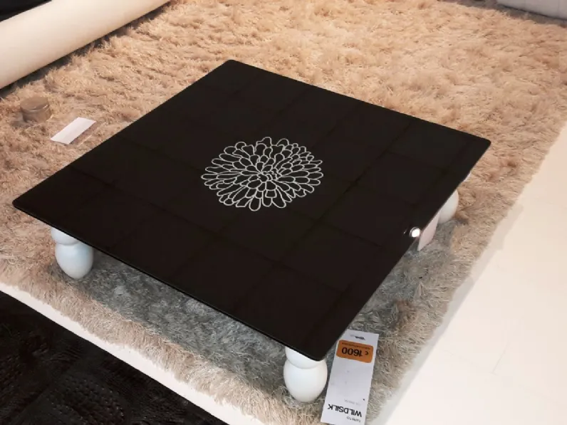 Tavolino vetro nero con fiore bianco serigrafato