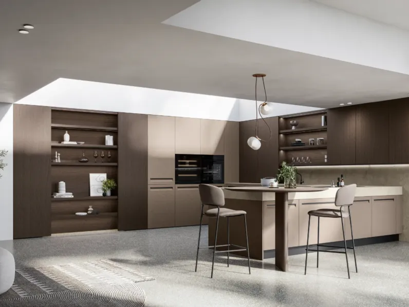 Cucina con penisola in polimerico opaco altri colori Tekna 03 a prezzo ribassato