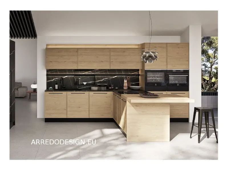 Cucina con penisola in legno rovere chiaro Q01 a prezzo scontato