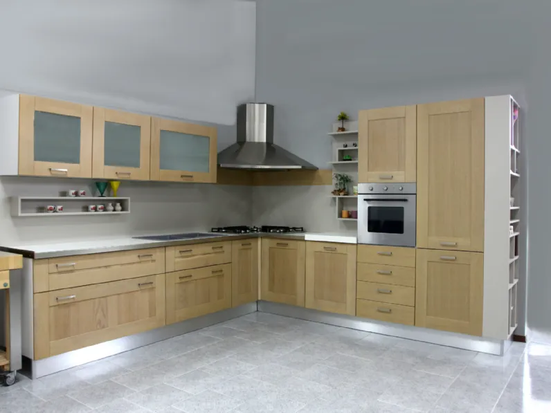 Cucina Artigianale moderna ad angolo rovere chiaro in legno U813 crono 11