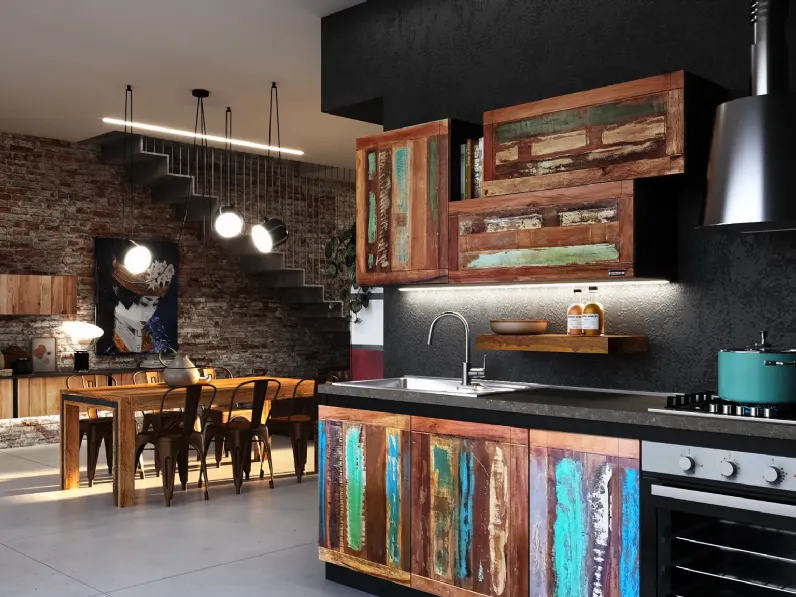 Cucina Cucina vintage color ante legno recycle design lineare Outlet etnico con uno sconto imperdibile
