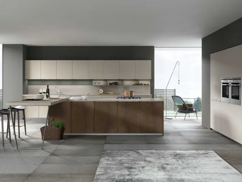 Cucina Antares design ad isola tortora in laminato materico Rame