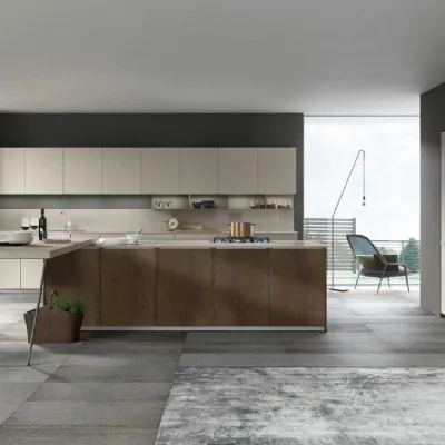 Cucina Antares design ad isola tortora in laminato materico Rame