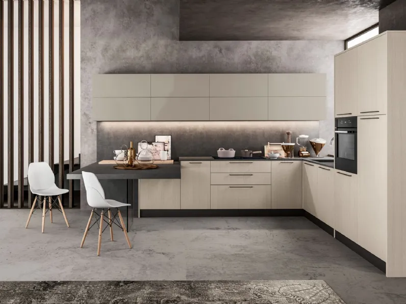 Cucina Round 3 moderna rovere chiaro Arredo3 con penisola scontata 34%