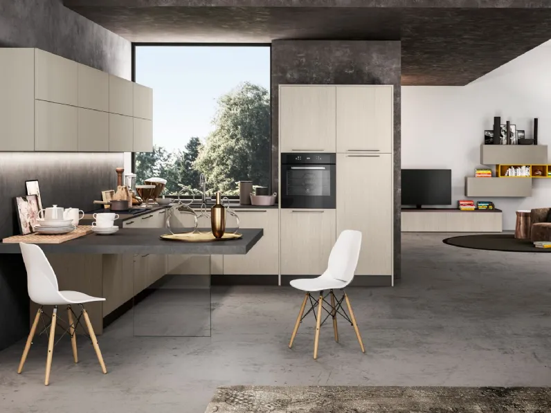 Cucina rovere chiaro moderna con penisola Round 3 Arredo3 a soli 9701