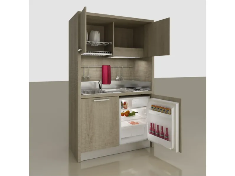 Cucina Artigianale moderna lineare altri colori in laminato materico Cucina monoblocco a scomparsa 130 aperta