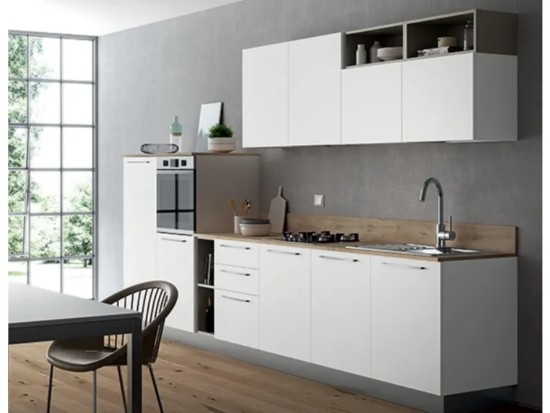 Cucina bianca moderna lineare Domino bianco e castoro Primacucine in Offerta Outlet