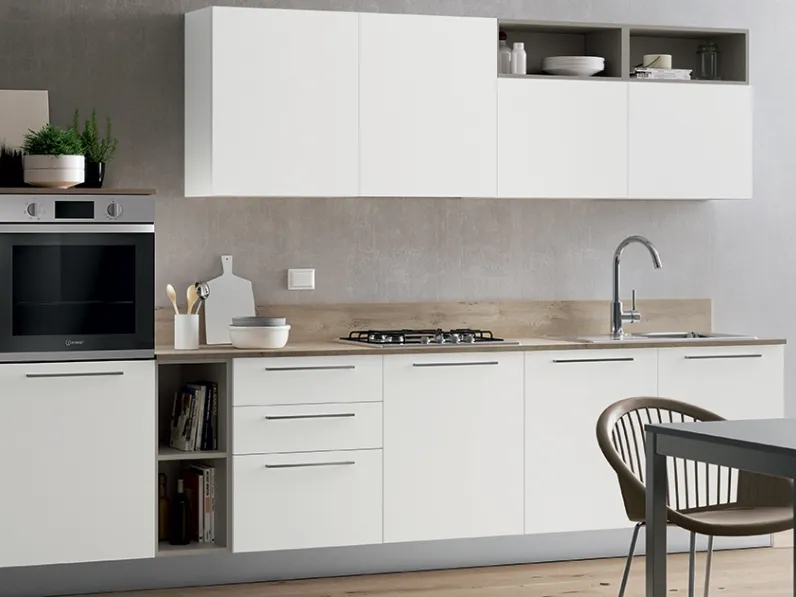 Cucina bianca moderna lineare Domino binco e castoro Primacucine