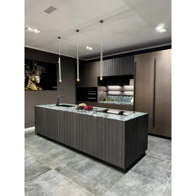Cucina grigia design con isola Bluna wood line Binova scontata