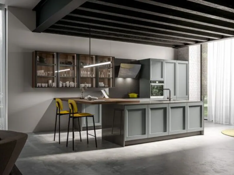 Cucina con isola in legno grigia Frida a prezzo ribassato