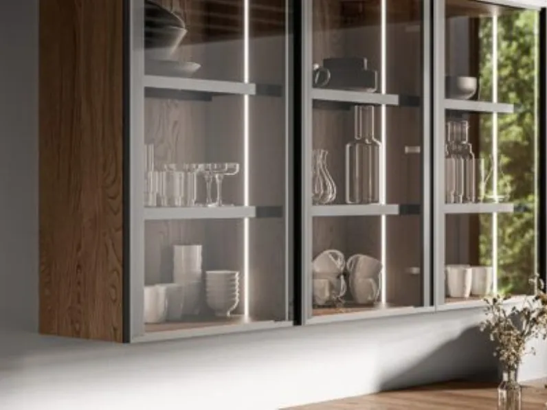 Cucina con isola in legno grigia Frida a prezzo ribassato