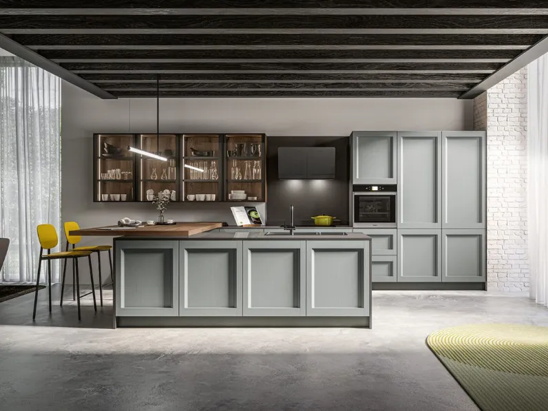 Cucina con isola in legno grigia Frida a prezzo ribassato