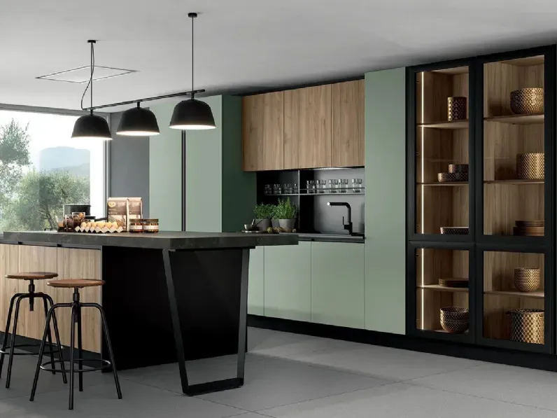 Cucina moderna con isola Nezha green Colombini casa a prezzo ribassato