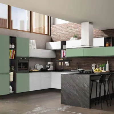 Cucina con penisola in laminato opaco bianca Kely isola a prezzo ribassato