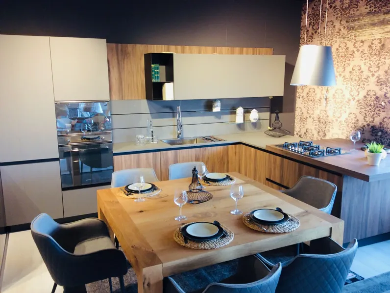 Cucina grigio moderna con penisola Noce imperial Artigianale in Offerta Outlet